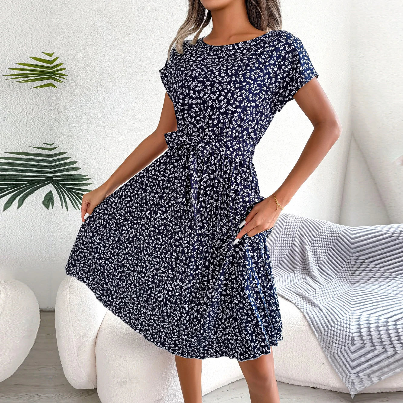 Women Spring Summer Short Sleeve High Waist Chic Dress Fashion Floral Pleated A Line Long Dress - Premium from Hey Whoops Store - Just $11.49! Shop now at Handbags Specialist Headquarter
