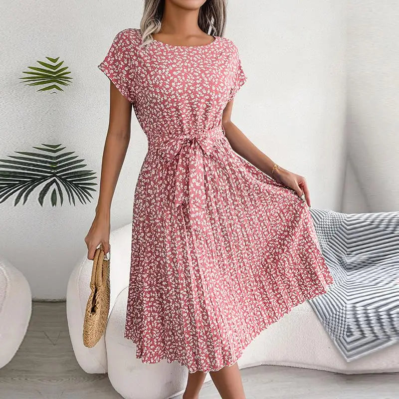 Women Spring Summer Short Sleeve High Waist Chic Dress Fashion Floral Pleated A Line Long Dress - Premium from Hey Whoops Store - Just $11.49! Shop now at Handbags Specialist Headquarter