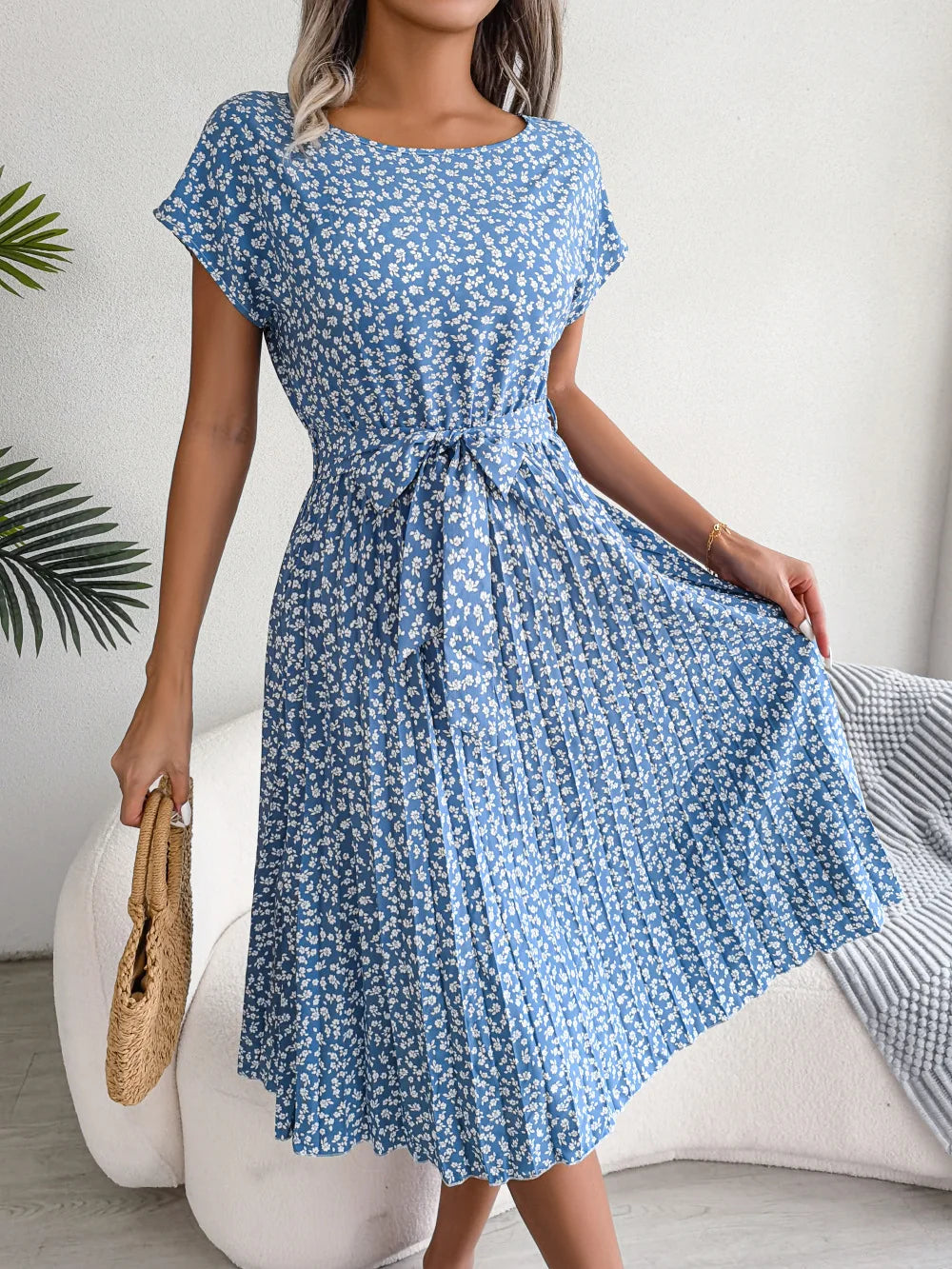 Women Spring Summer Short Sleeve High Waist Chic Dress Fashion Floral Pleated A Line Long Dress - Premium from Hey Whoops Store - Just $34.99! Shop now at Handbags Specialist Headquarter