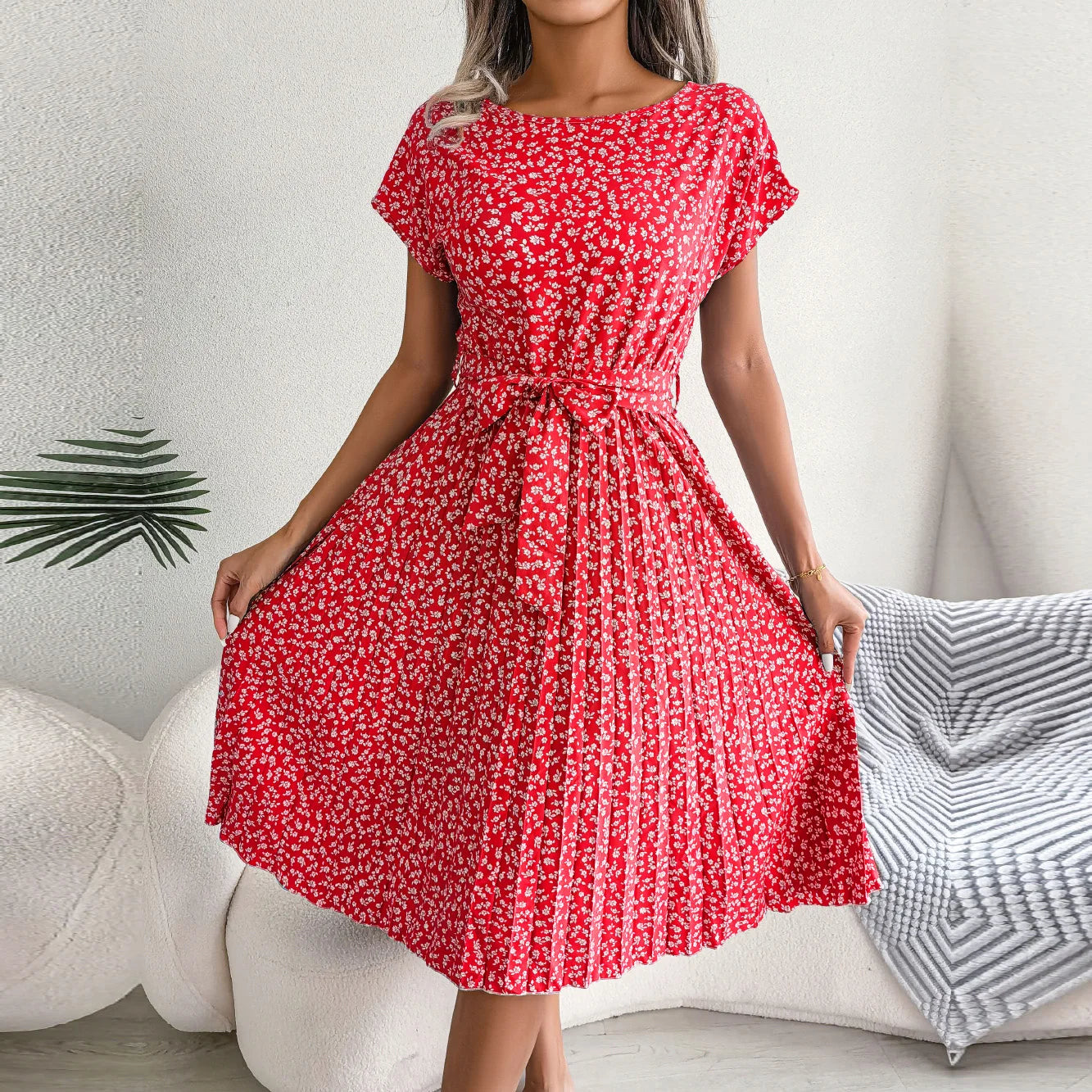 Women Spring Summer Short Sleeve High Waist Chic Dress Fashion Floral Pleated A Line Long Dress - Premium from Hey Whoops Store - Just $34.99! Shop now at Handbags Specialist Headquarter