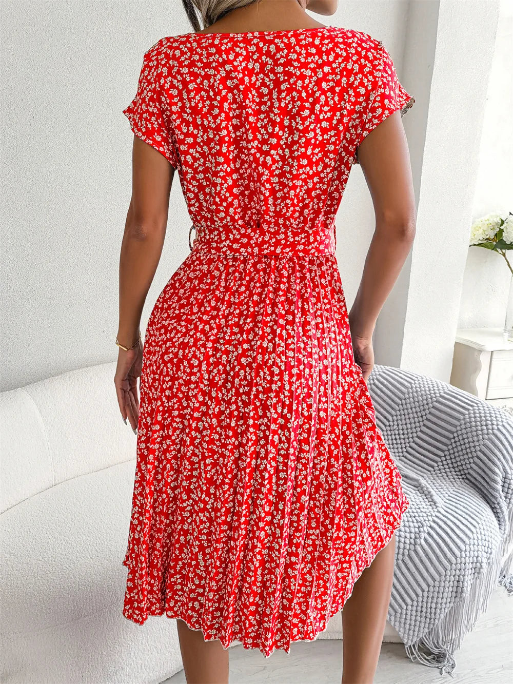 Women Spring Summer Short Sleeve High Waist Chic Dress Fashion Floral Pleated A Line Long Dress - Premium from Hey Whoops Store - Just $34.99! Shop now at Handbags Specialist Headquarter