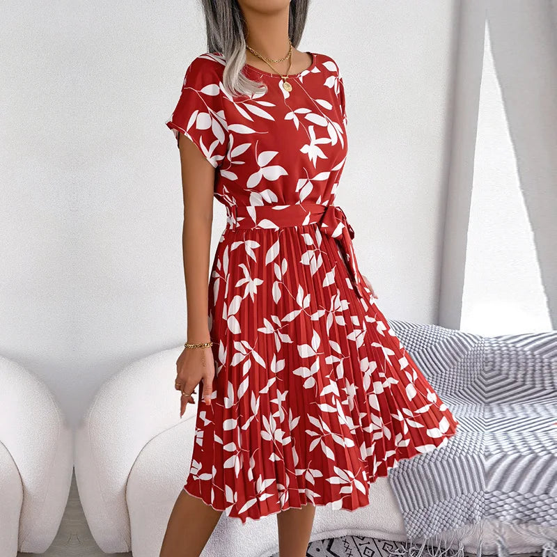 Women Spring Summer Short Sleeve High Waist Chic Dress Fashion Floral Pleated A Line Long Dress - Premium from Hey Whoops Store - Just $34.99! Shop now at Handbags Specialist Headquarter