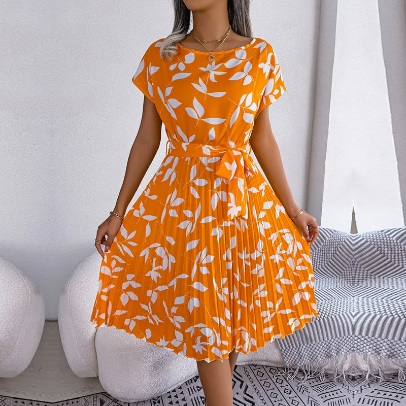 Women Spring Summer Short Sleeve High Waist Chic Dress Fashion Floral Pleated A Line Long Dress - Premium from Hey Whoops Store - Just $34.99! Shop now at Handbags Specialist Headquarter