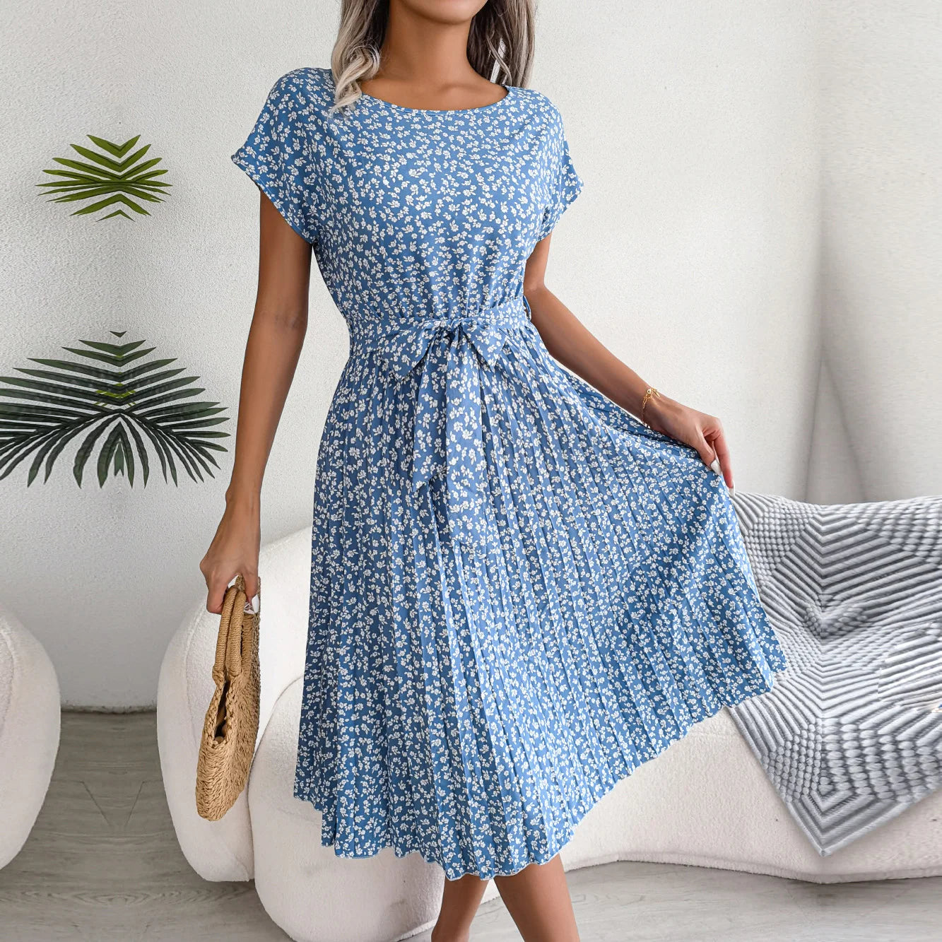 Women Spring Summer Short Sleeve High Waist Chic Dress Fashion Floral Pleated A Line Long Dress - Premium from Hey Whoops Store - Just $34.99! Shop now at Handbags Specialist Headquarter