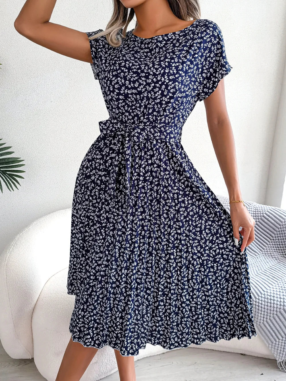 Women Spring Summer Short Sleeve High Waist Chic Dress Fashion Floral Pleated A Line Long Dress - Premium from Hey Whoops Store - Just $34.99! Shop now at Handbags Specialist Headquarter