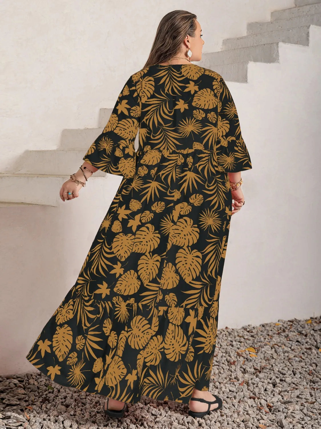 Plus Size Lace Detail Tropical Print Three-Quarter Sleeve Maxi Dress - Premium Dresses from Trendsi - Just $42.99! Shop now at Handbags Specialist Headquarter
