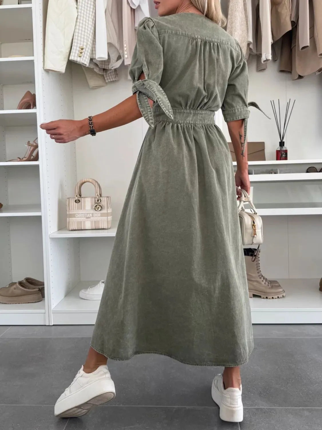 Button Front V-Neck Half Sleeve Denim Dress - Premium Women / Jeans & Denim from Trendsi - Just $53.68! Shop now at Handbags Specialist Headquarter