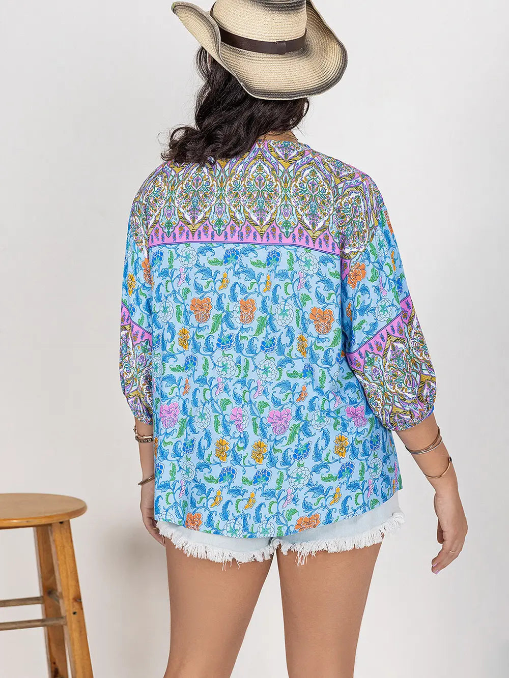Plus Size Printed Tie Neck Balloon Sleeve Blouse - Premium Plus Size Shirts from Trendsi - Just $28! Shop now at Handbags Specialist Headquarter