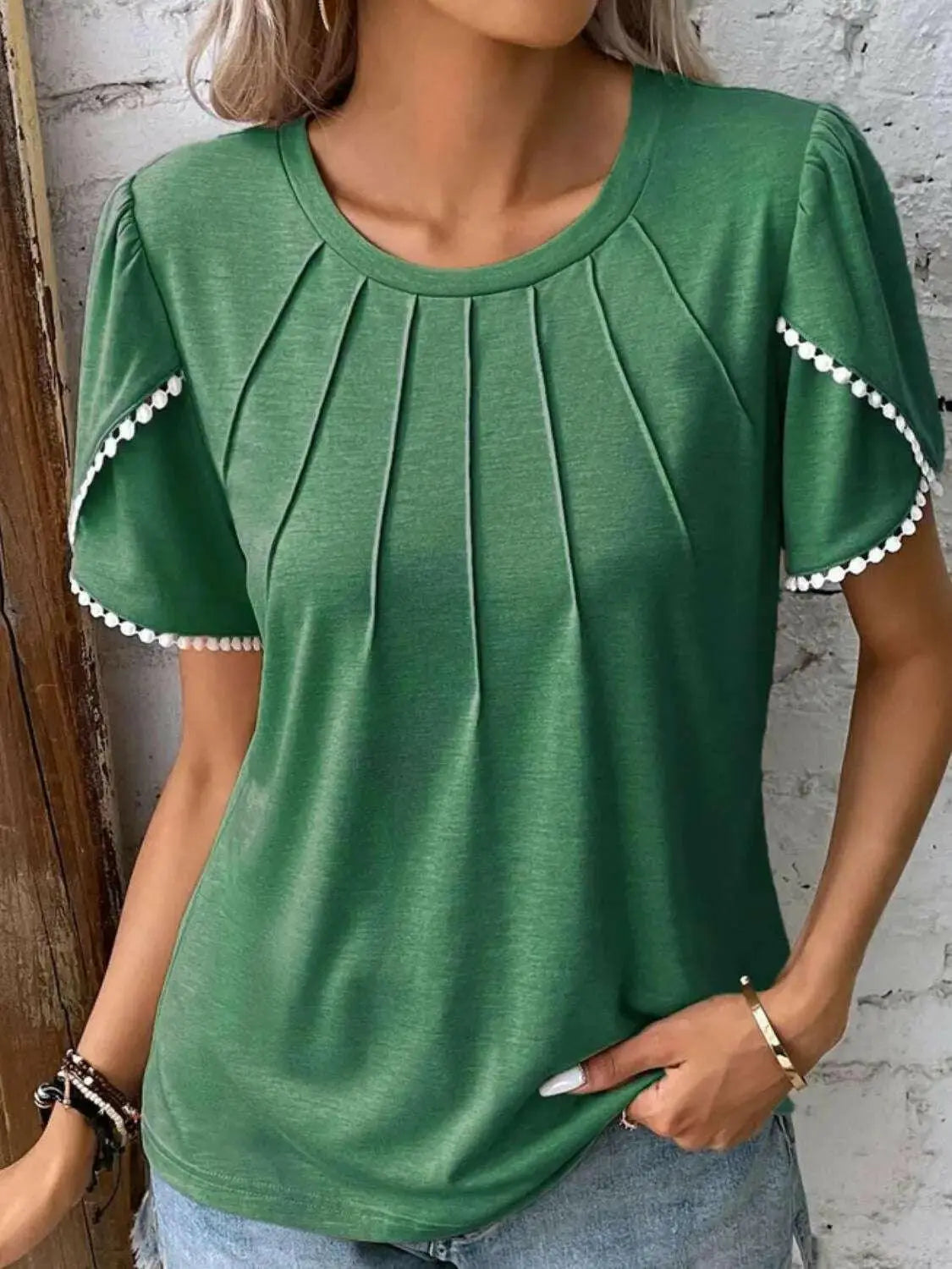 Full Size Round Neck Petal Sleeve Blouse Plus Size.