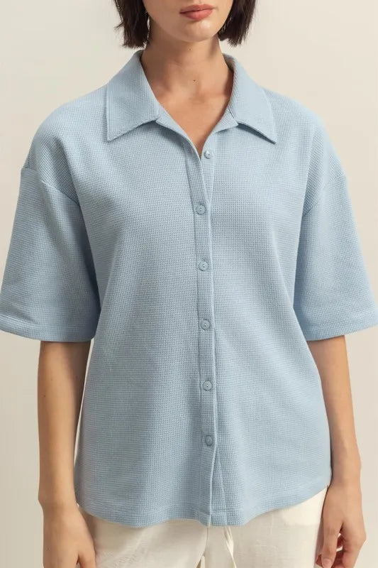 HYFVE Collared Neck Button Down Waffle Shirt - Premium Women's Down Shirt Tops from Trendsi - Just $35.56! Shop now at Handbags Specialist Headquarter