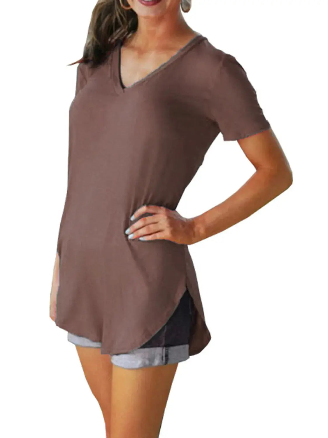 Full Size Solid V-Neck Short Sleeve T-Shirt Plus Size - Premium Women Plus Size from Trendsi - Just $16.36! Shop now at Handbags Specialist Headquarter