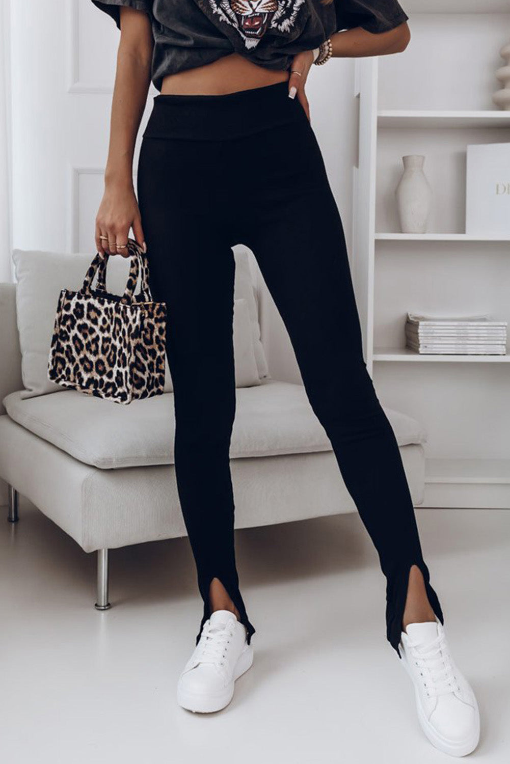 High Waist Ribbed Slit Leggings - Premium Leggings from Trendsi - Just $42.75! Shop now at Handbags Specialist Headquarter