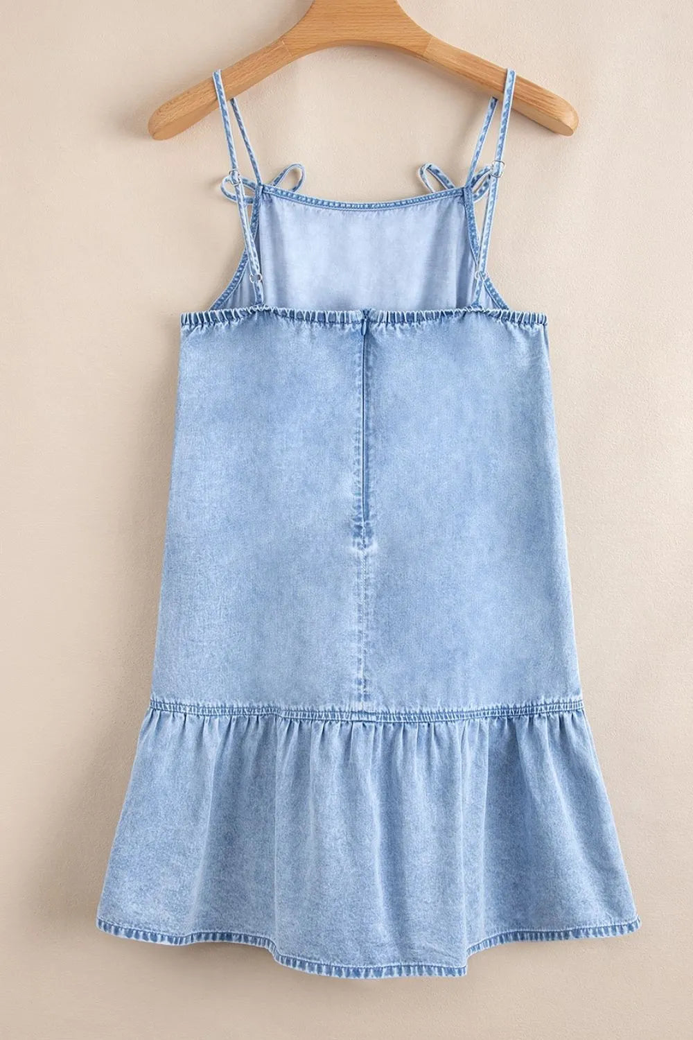 Bow Detail Spaghetti Straps Ruffle Hem Denim Dress - Premium Women / Jeans & Denim from Trendsi - Just $46.38! Shop now at Handbags Specialist Headquarter
