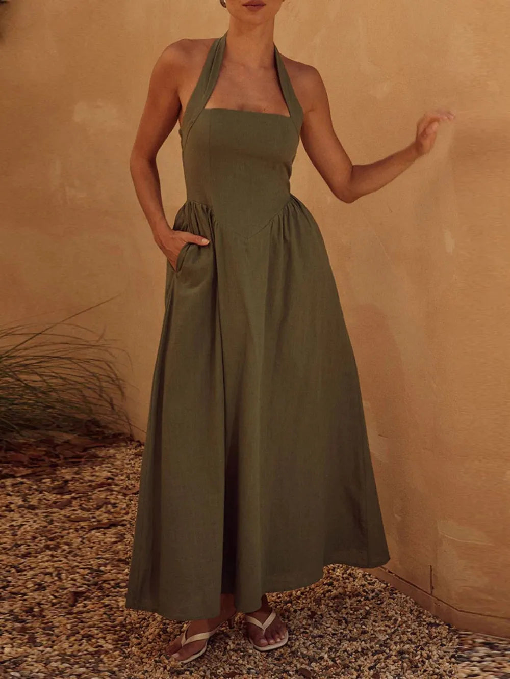 Halter Neck Maxi Dress with Pockets - Premium Maxi Dress from Trendsi - Just $27.99! Shop now at Handbags Specialist Headquarter