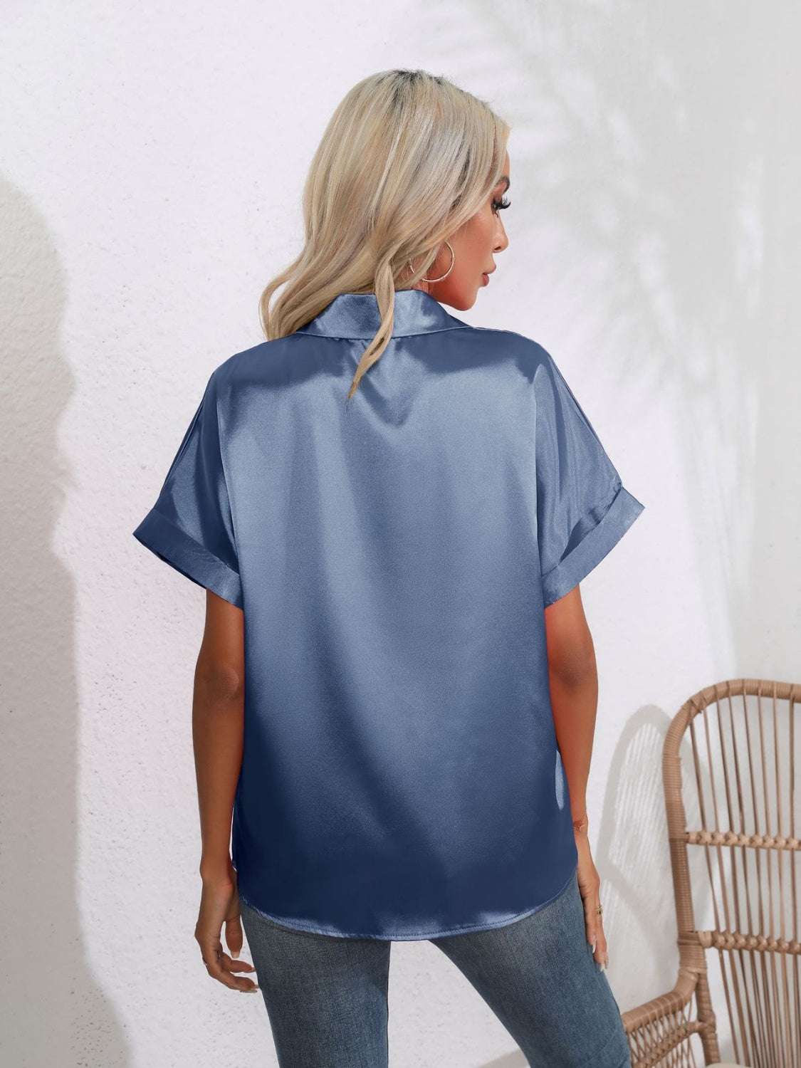 Button Down Collared Neck Short Sleeve Satin Shirt - Premium Women / Tops from Trendsi - Just $18.76! Shop now at Handbags Specialist Headquarter