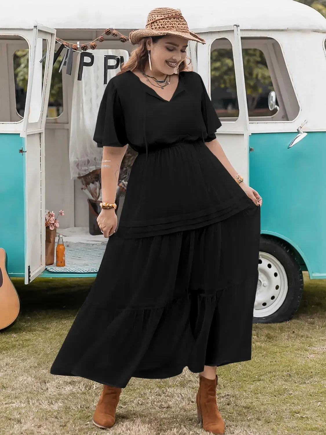 Plus Size Tie Neck Flutter Sleeve Dress.