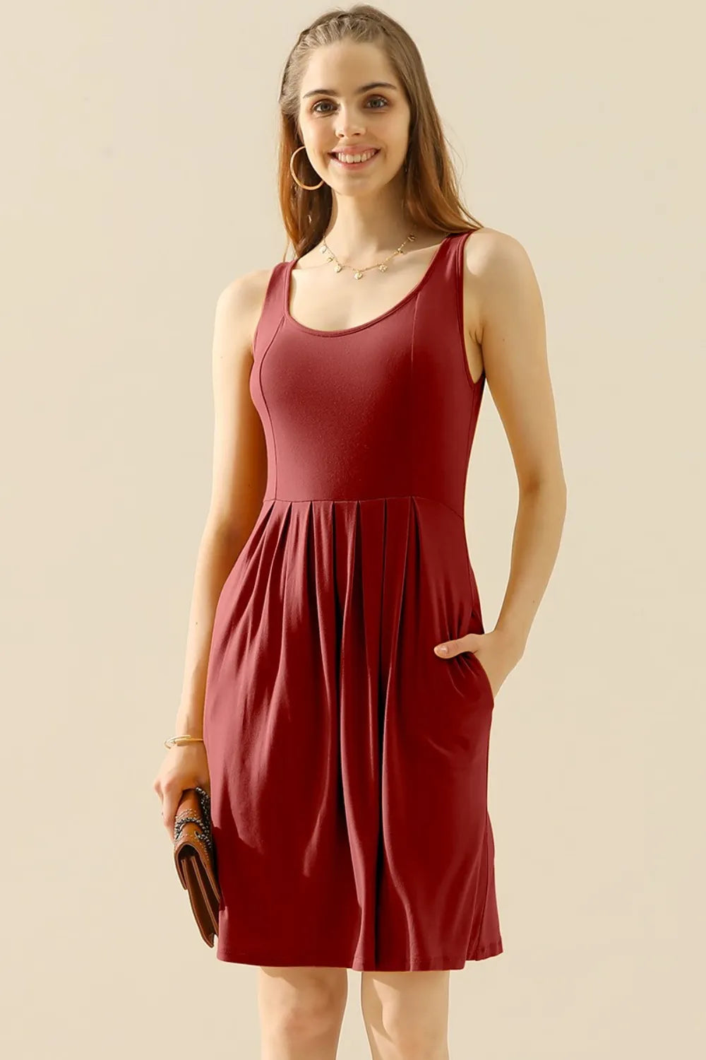 Doublju Full Size Round Neck Ruched Sleeveless Dress with Pockets - Premium Dresses from Trendsi - Just $15.99! Shop now at Handbags Specialist Headquarter