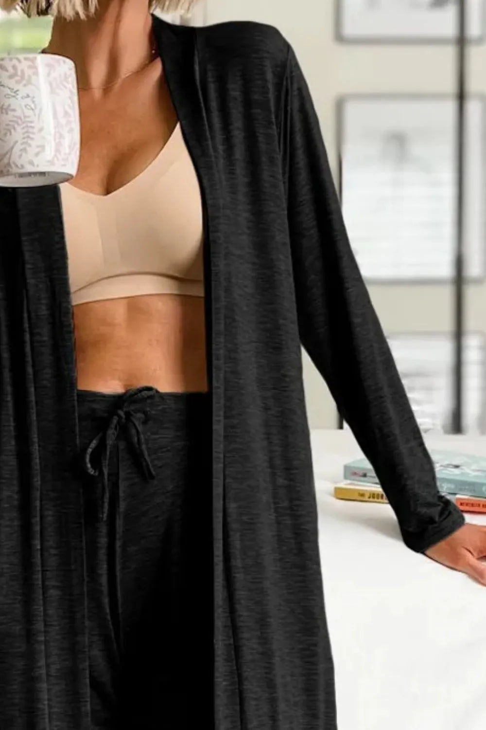 Open Front Long Sleeve Cardigan and Pants Lounge Set - Premium Sleepwear from Trendsi - Just $48.52! Shop now at Handbags Specialist Headquarter