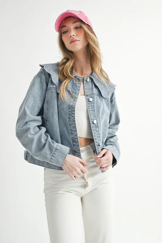 MABLE Scallop Peter Pan Collar Denim Jacket - Premium Women / Jeans & Denim from Trendsi - Just $64.90! Shop now at Handbags Specialist Headquarter