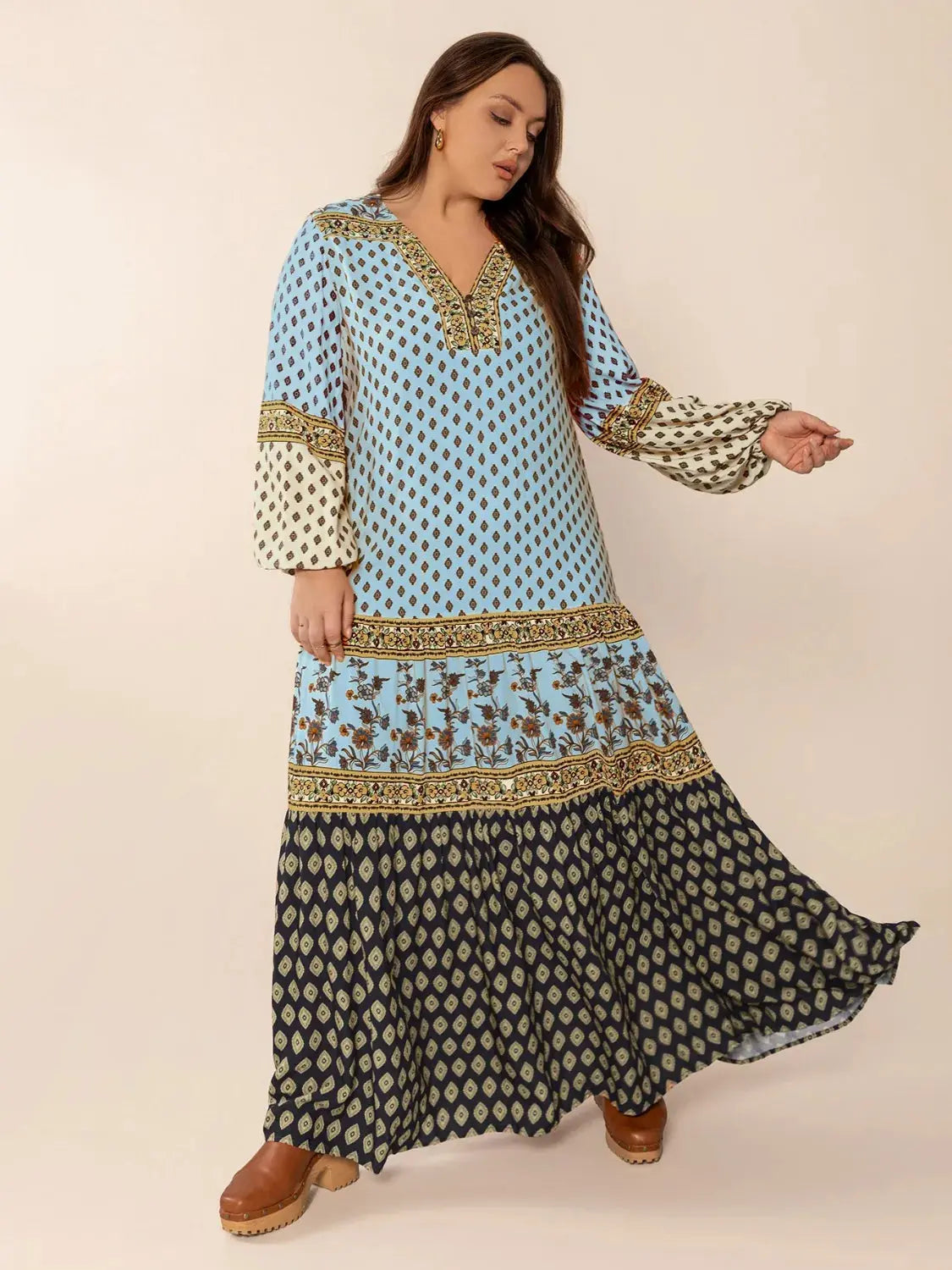 Plus Size Printed V-Neck Balloon Sleeve Maxi Dress.