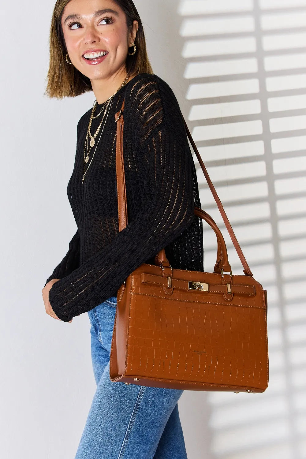 David Jones Texture PU Leather Handbag - Premium handbags from Trendsi - Just $57.99! Shop now at Handbags Specialist Headquarter