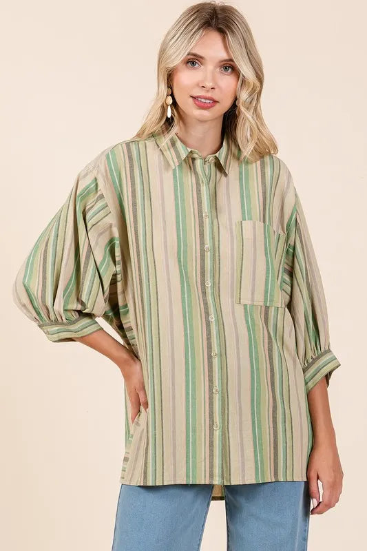 Mittoshop Striped Bubble Sleeve Button Down Shirt - Premium Women's Down Shirt Tops from Trendsi - Just $43.10! Shop now at Handbags Specialist Headquarter