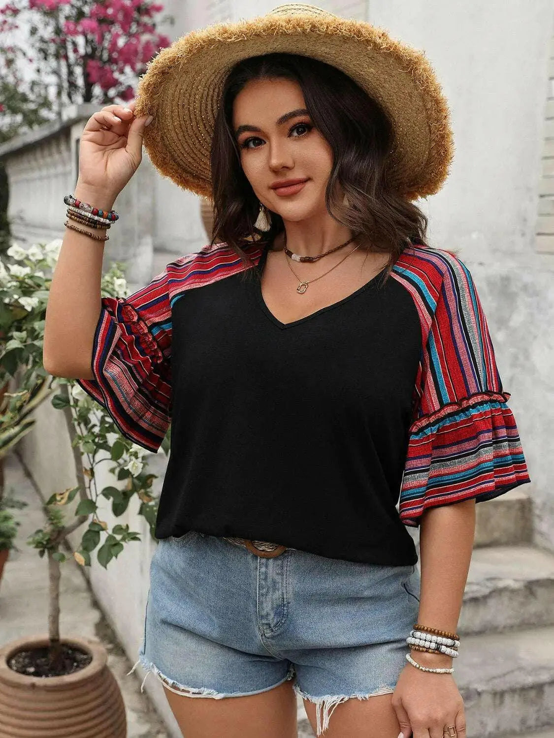 Plus Size V-Neck Flounce Sleeve Top.