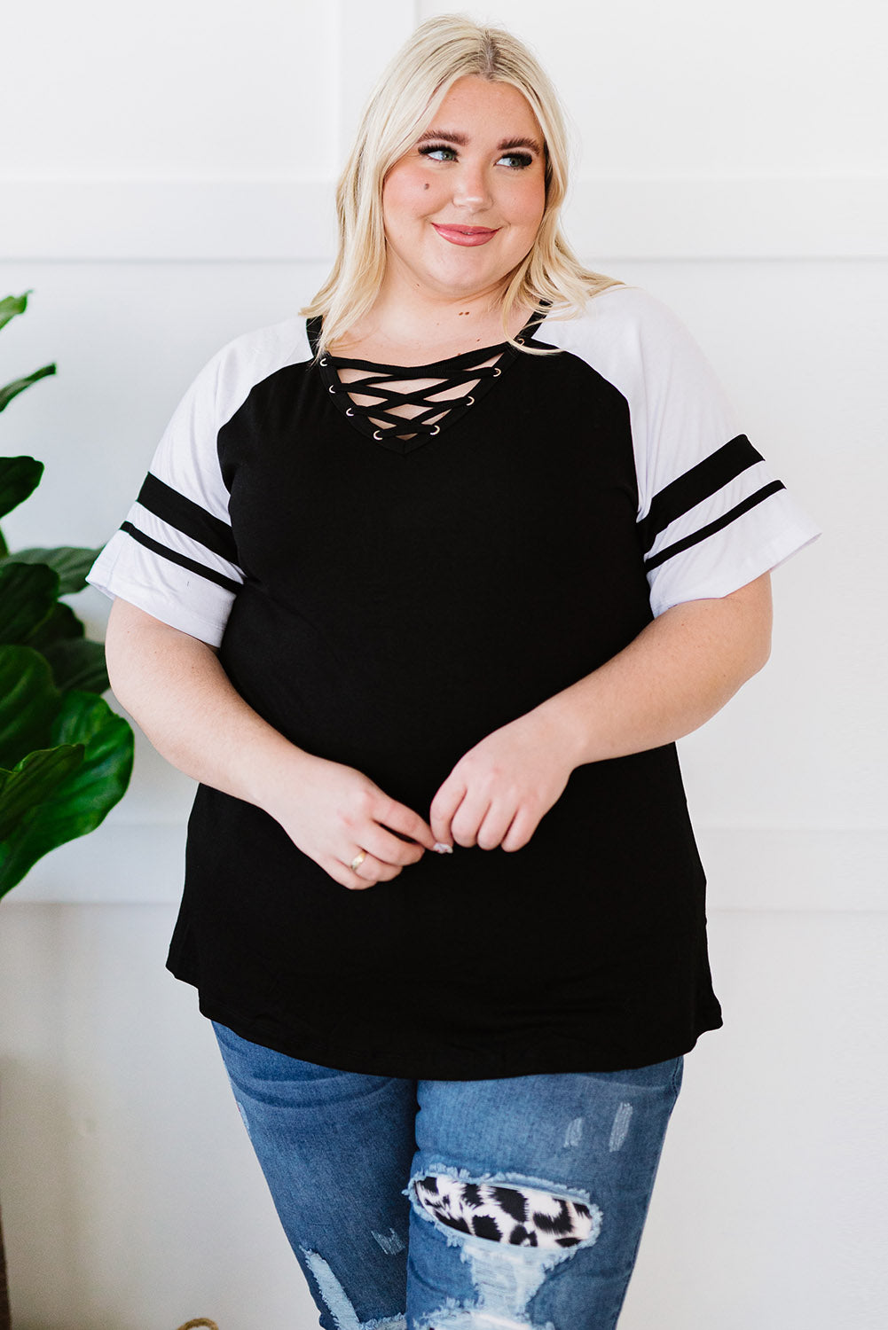 Plus Size Contrast Crisscross Tee Shirt - Premium Plus Size Shirts from Trendsi - Just $29! Shop now at Handbags Specialist Headquarter