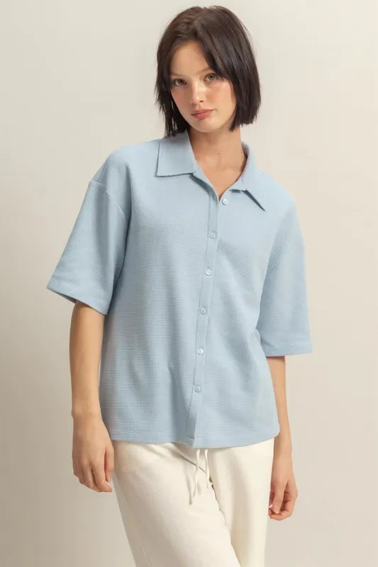 HYFVE Collared Neck Button Down Waffle Shirt - Premium Women's Down Shirt Tops from Trendsi - Just $35.56! Shop now at Handbags Specialist Headquarter