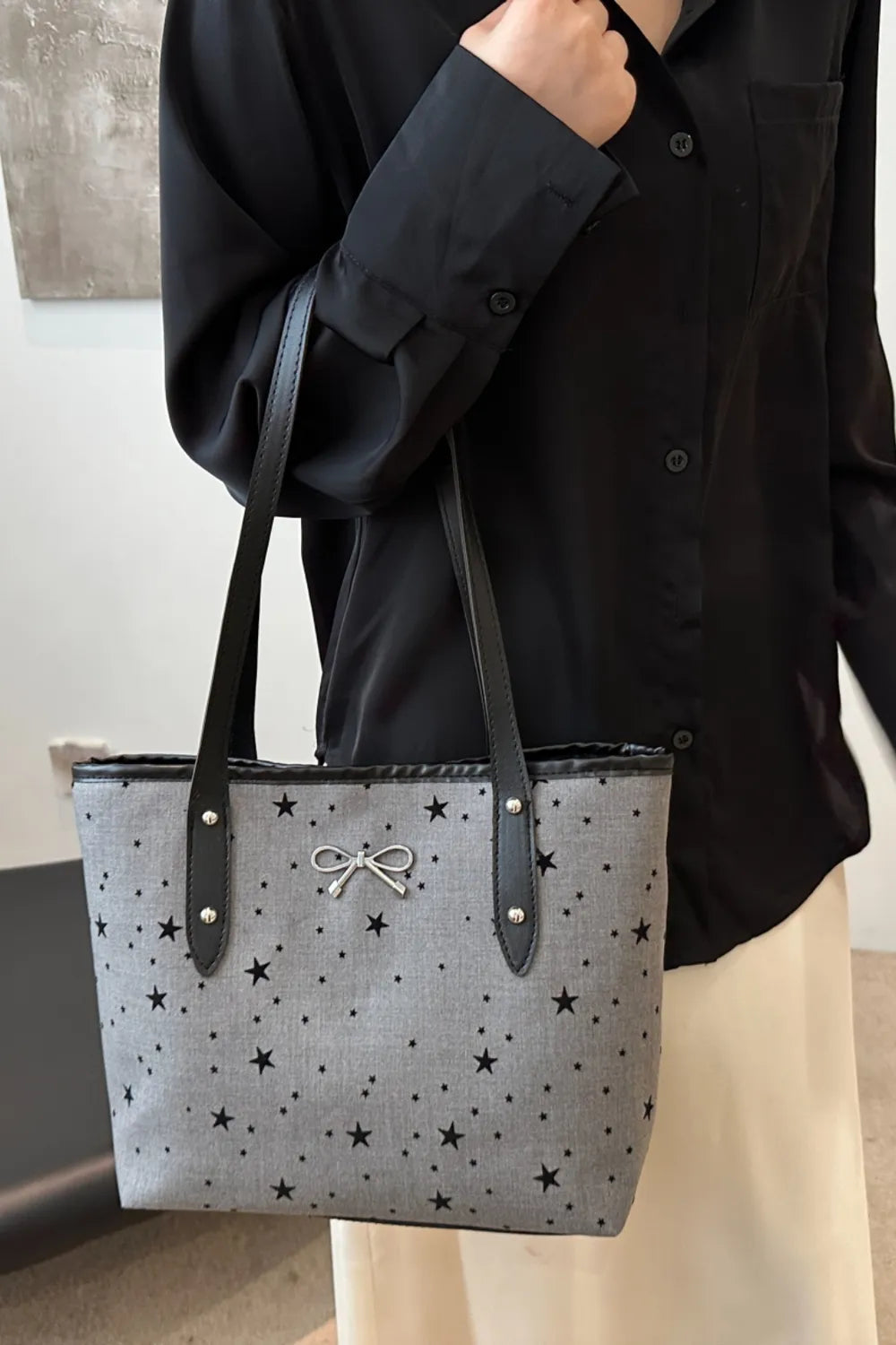 Bow Trim Polyester Tote Bag - Premium Tote Bag from Trendsi - Just $39.99! Shop now at Handbags Specialist Headquarter