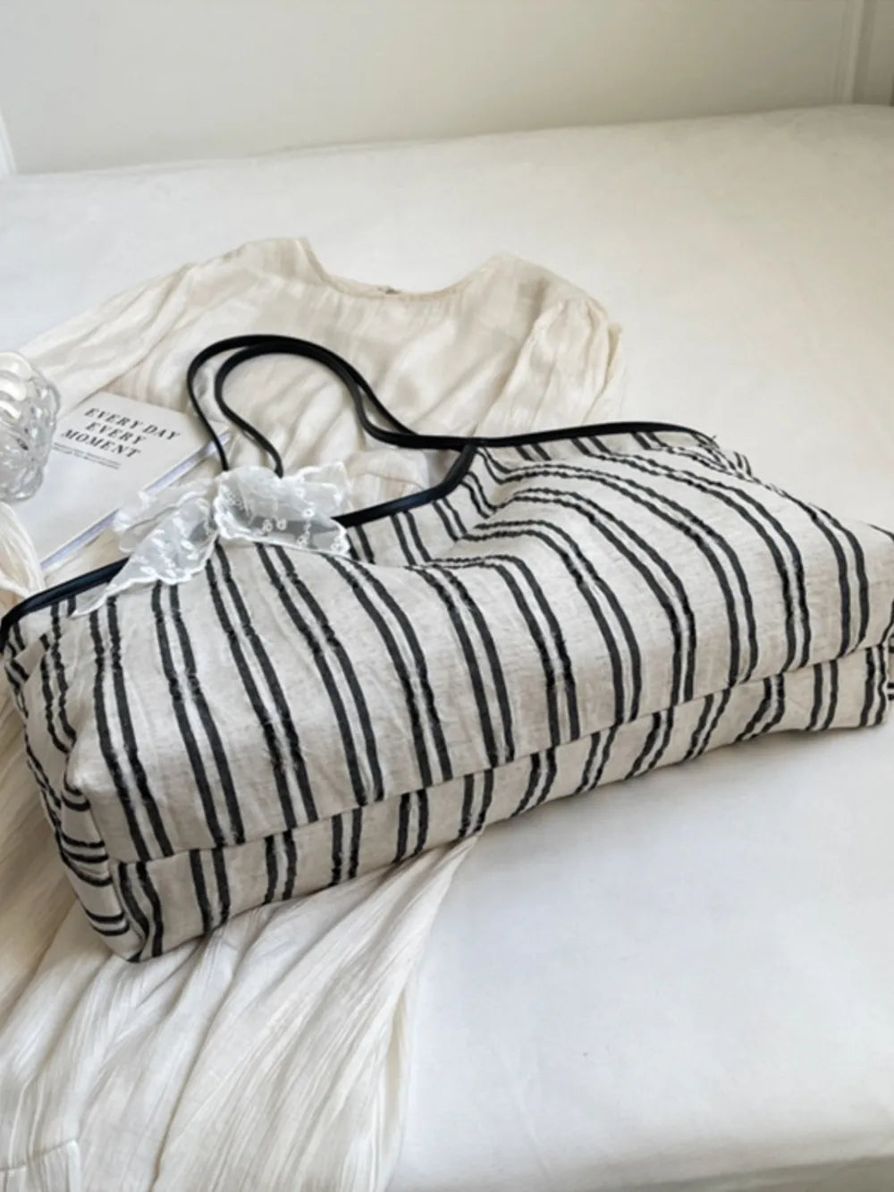 Striped Canvas Tote Bag - Premium Tote Bag from Trendsi - Just $39.99! Shop now at Handbags Specialist Headquarter