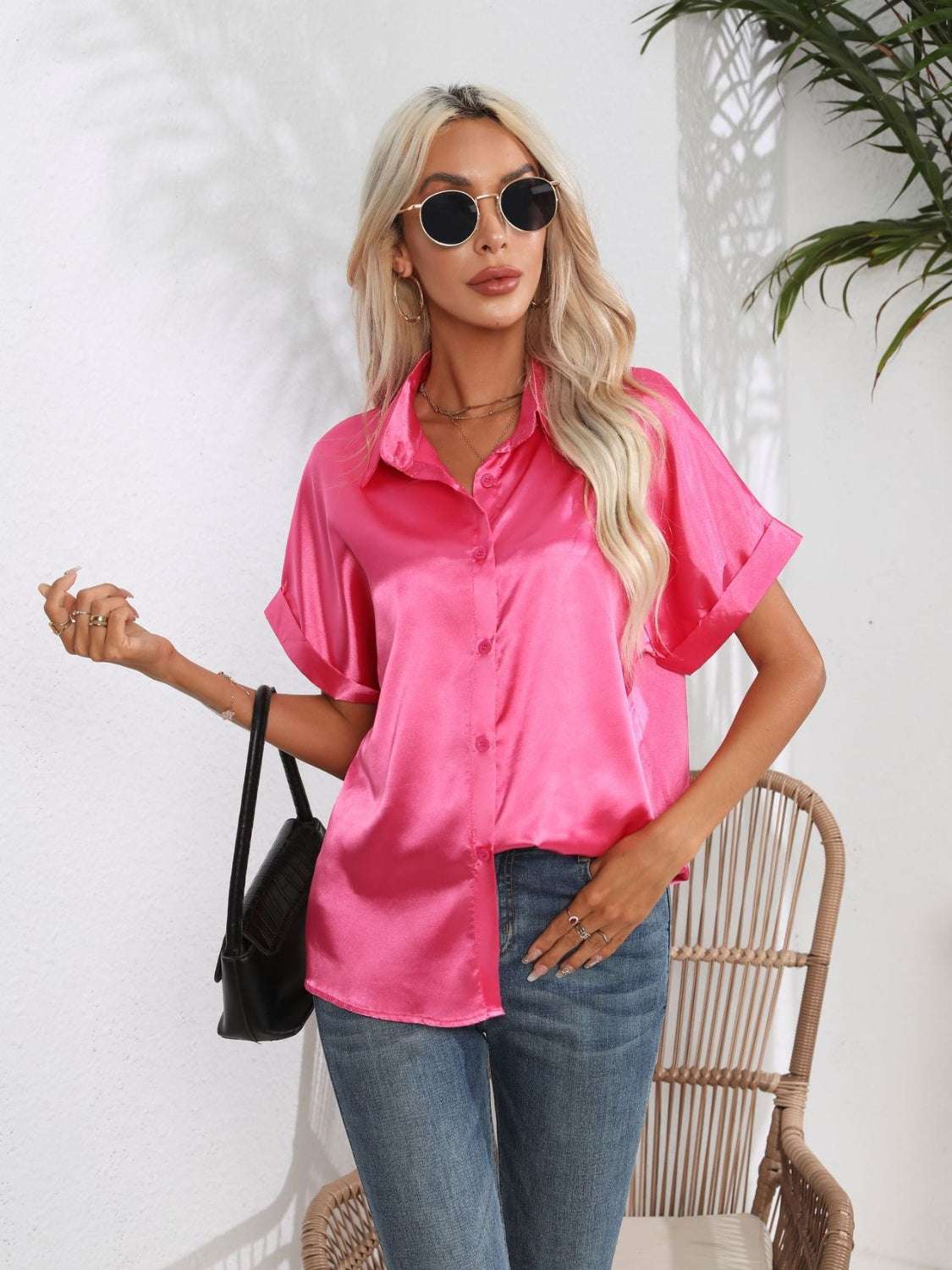 Button Down Collared Neck Short Sleeve Satin Shirt - Premium Women / Tops from Trendsi - Just $18.76! Shop now at Handbags Specialist Headquarter