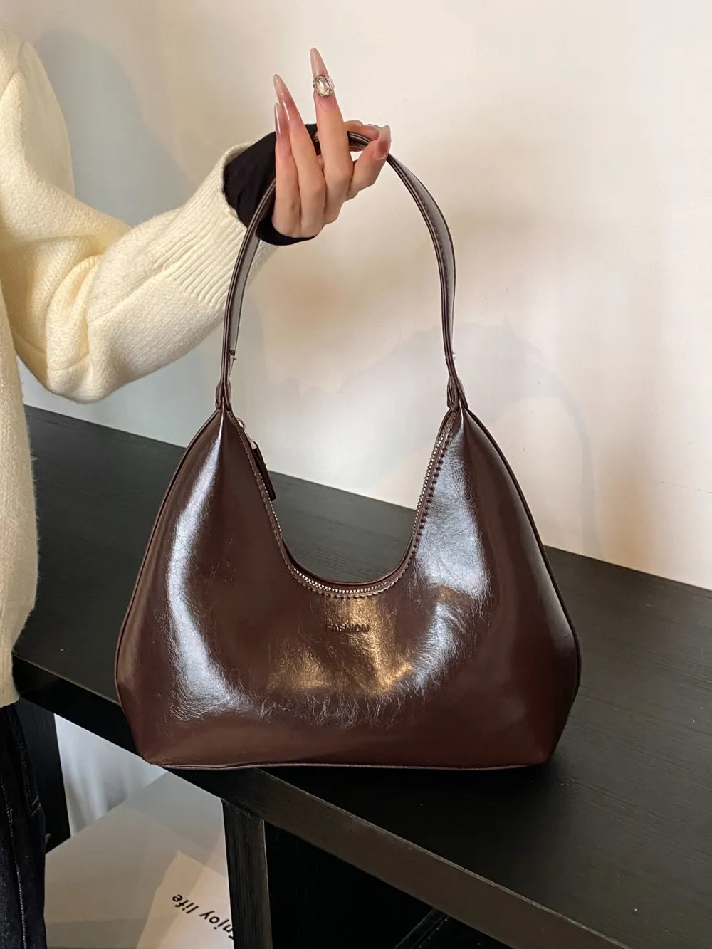 PU Leather Moon Shape Shoulder Bag - Premium Tote Bag from Trendsi - Just $39.99! Shop now at Handbags Specialist Headquarter
