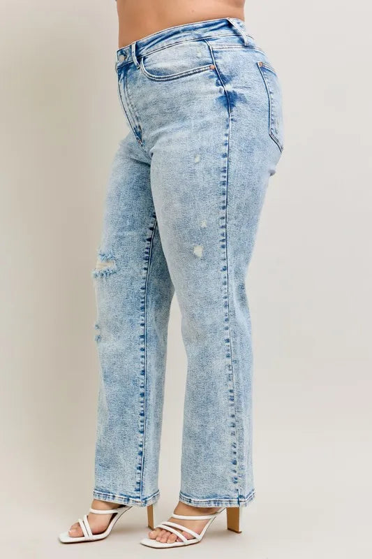 Judy Blue Full Size Hw Mineral Wash Destroy 90's Straight Jeans Plus Size - Premium Women / Jeans & Denim from Trendsi - Just $69.99! Shop now at Handbags Specialist Headquarter