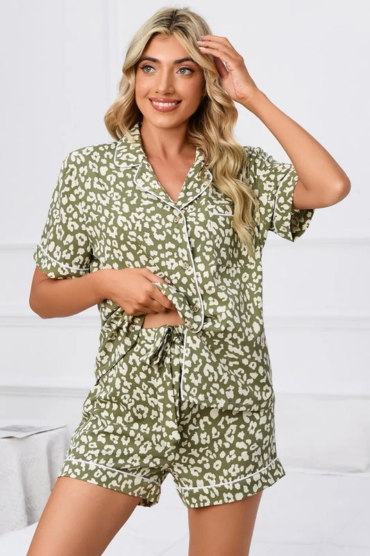 Full Size Leopard Short Sleeve Top and Shorts Lounge Set Plus Size - Premium Sleepwear from Trendsi - Just $26.76! Shop now at Handbags Specialist Headquarter
