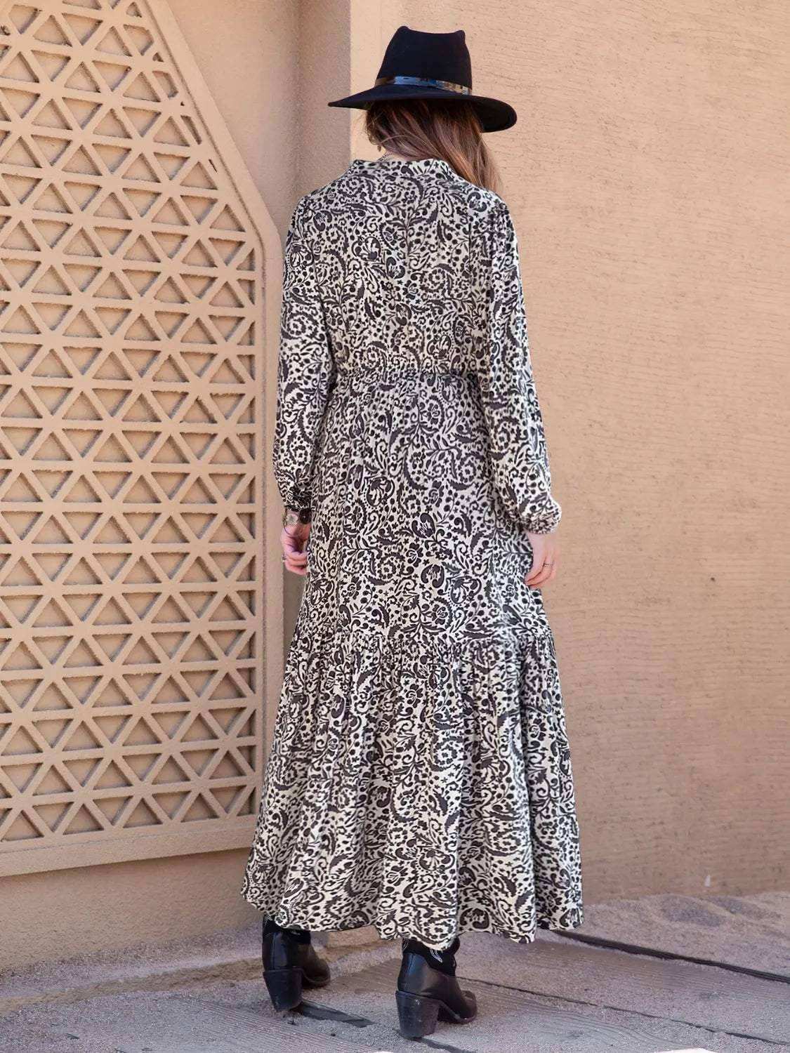 Printed Notched Long Sleeve Maxi Dress - Premium Maxi Dress from Trendsi - Just $40.99! Shop now at Handbags Specialist Headquarter