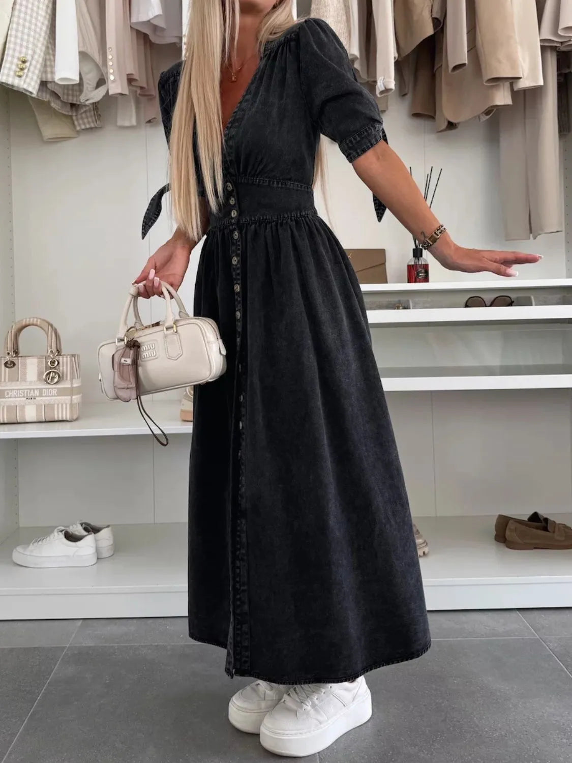 Button Front V-Neck Half Sleeve Denim Dress - Premium Women / Jeans & Denim from Trendsi - Just $53.68! Shop now at Handbags Specialist Headquarter
