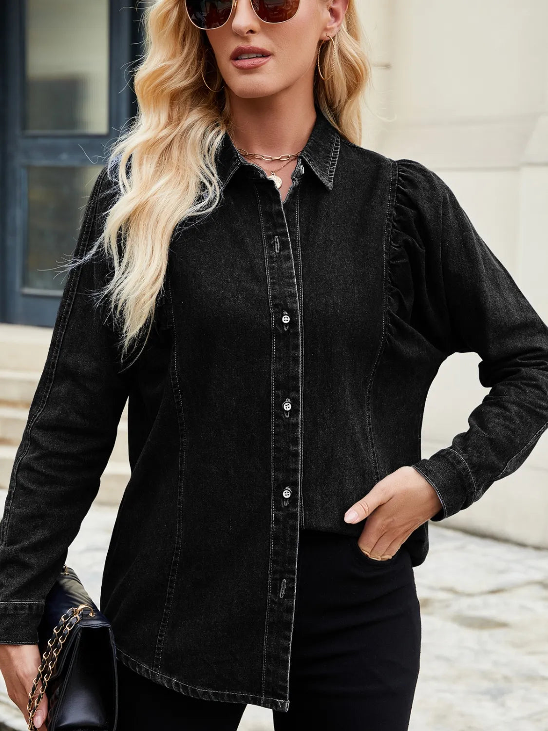 Button Down Collared Neck Denim Shirt - Premium Women / Jeans & Denim from Trendsi - Just $36.76! Shop now at Handbags Specialist Headquarter