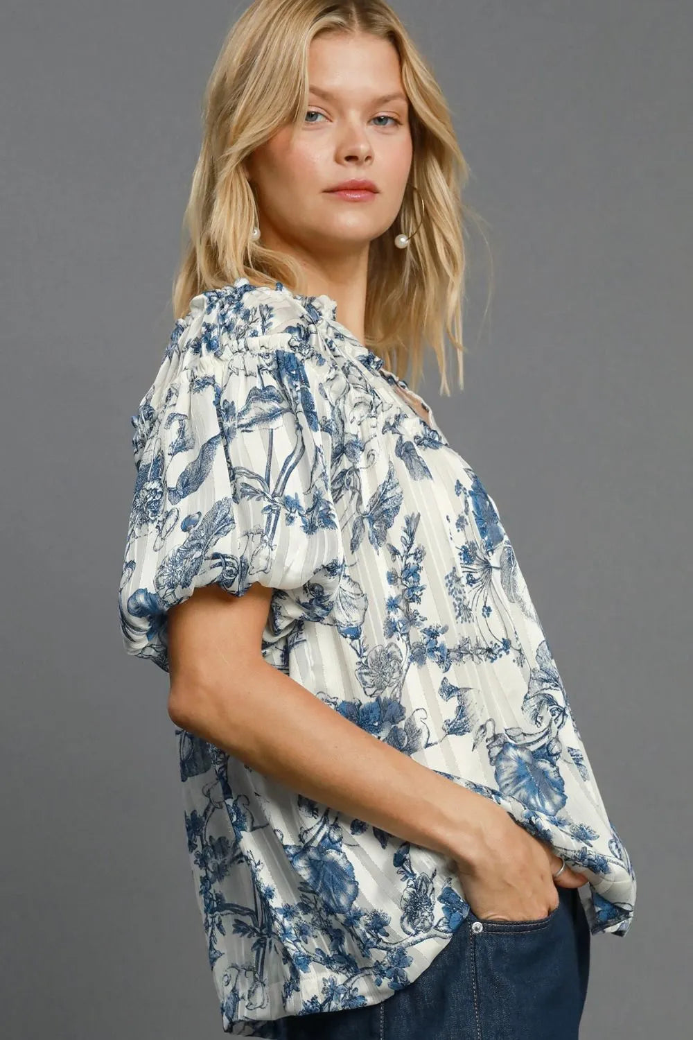 Umgee Full Size Floral Print Metallic Ruffle Blouse Plus Size - Premium Dresses from Trendsi - Just $48.99! Shop now at Handbags Specialist Headquarter