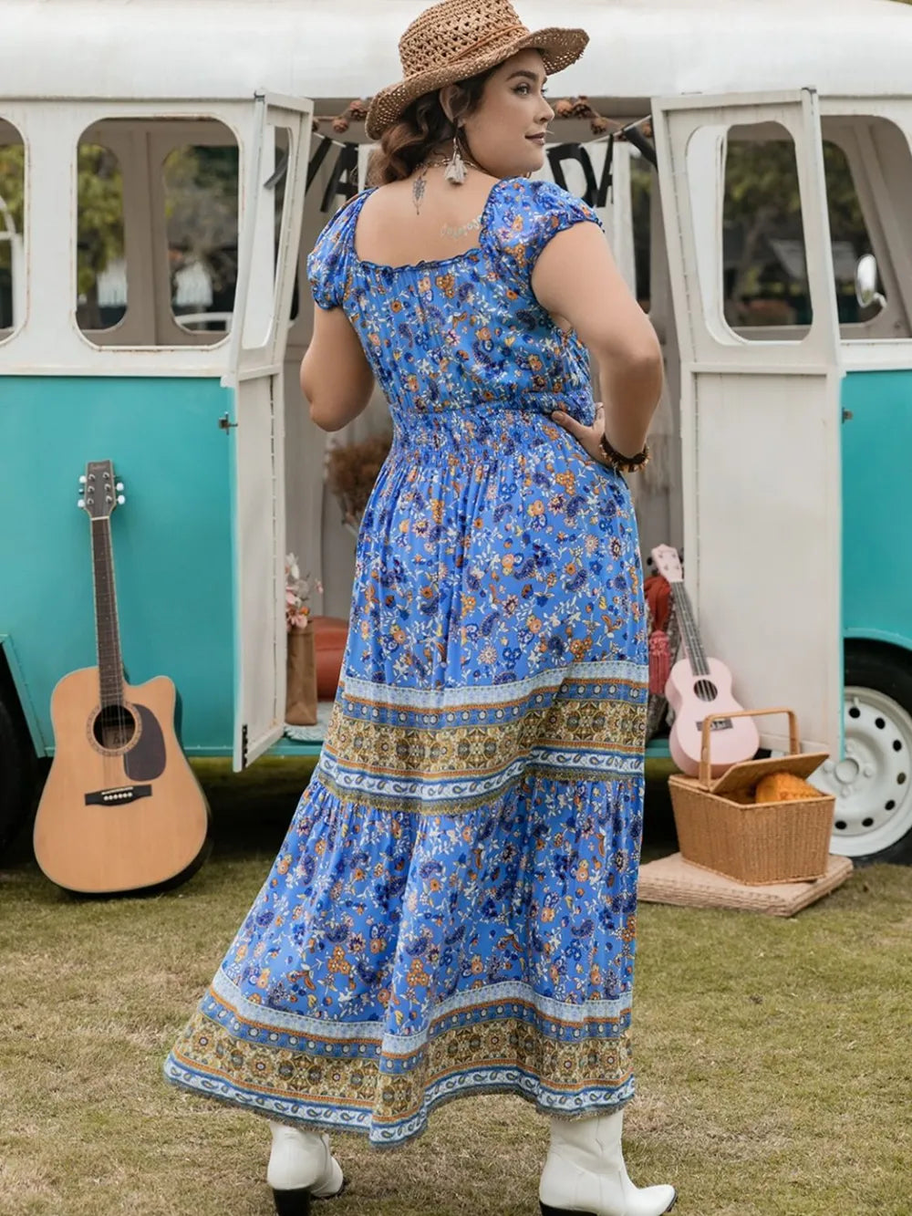 Plus Size Smocked Printed Cap Sleeve Dress - Premium Dresses from Trendsi - Just $38.99! Shop now at Handbags Specialist Headquarter