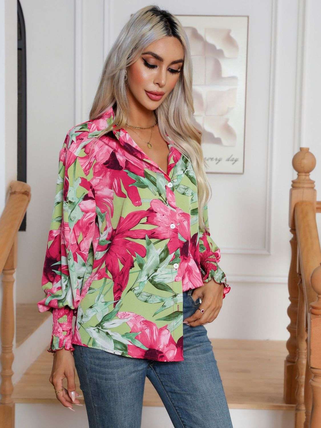 Button Down Printed Long Sleeve Shirt - Premium Women / Tops from Trendsi - Just $21.02! Shop now at Handbags Specialist Headquarter