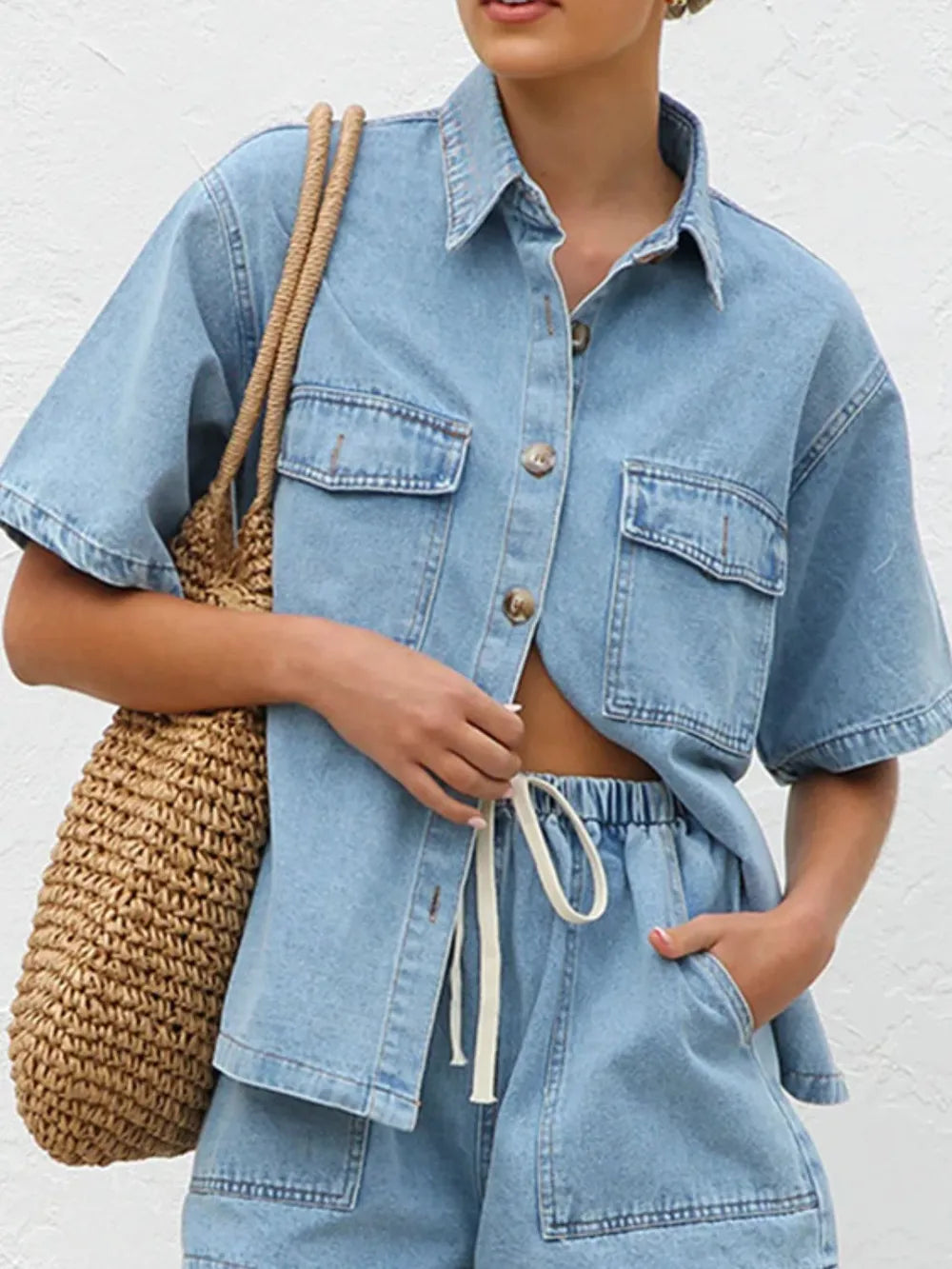 Button Up Half Sleeve Denim Shirt - Premium Women / Jeans & Denim from Trendsi - Just $34.56! Shop now at Handbags Specialist Headquarter