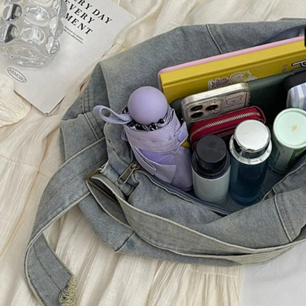 Adjustable Strap Denim Tote Bag - Premium Tote Bag from Trendsi - Just $36.99! Shop now at Handbags Specialist Headquarter