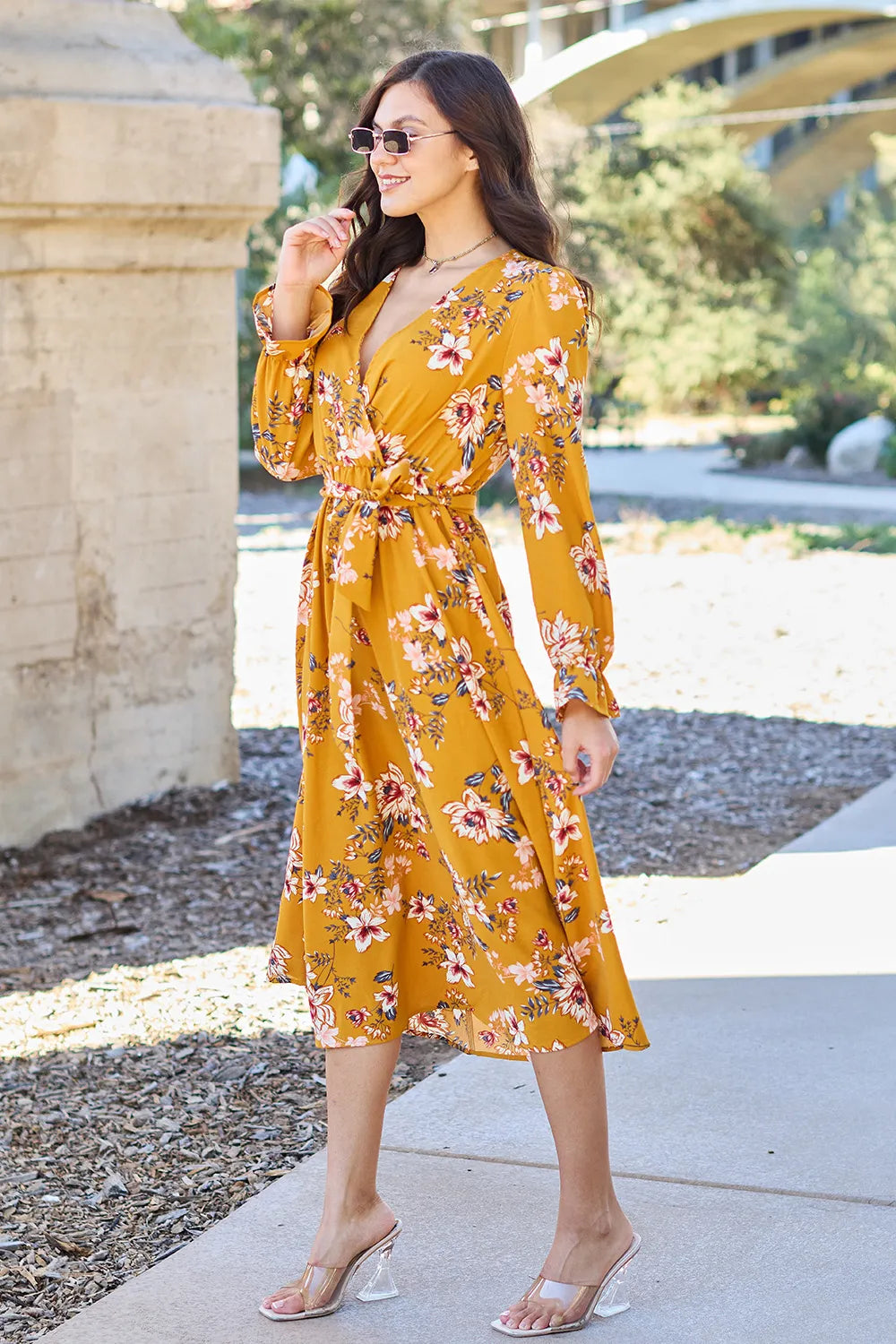 Double Take Full Size Floral Tie Back Flounce Sleeve Dress - Premium Dresses from Trendsi - Just $20.99! Shop now at Handbags Specialist Headquarter