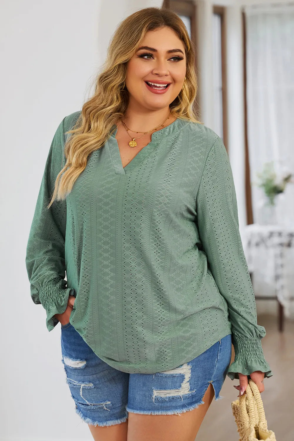 Plus Size Eyelet Notched Flounce Sleeve Blouse - Premium Plus Size Shirts from Trendsi - Just $27! Shop now at Handbags Specialist Headquarter