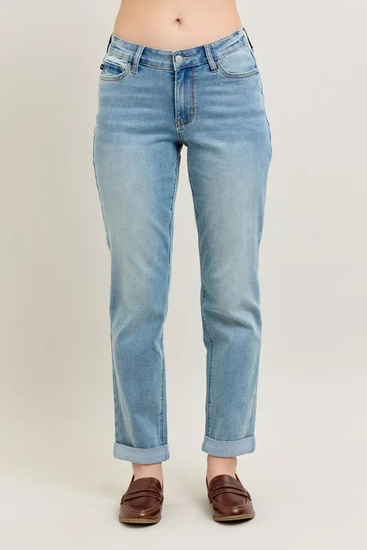 Judy Blue Full Size V-Front Cuff Boyfriend Jeans Plus Size - Premium Women / Jeans & Denim from Trendsi - Just $58.99! Shop now at Handbags Specialist Headquarter