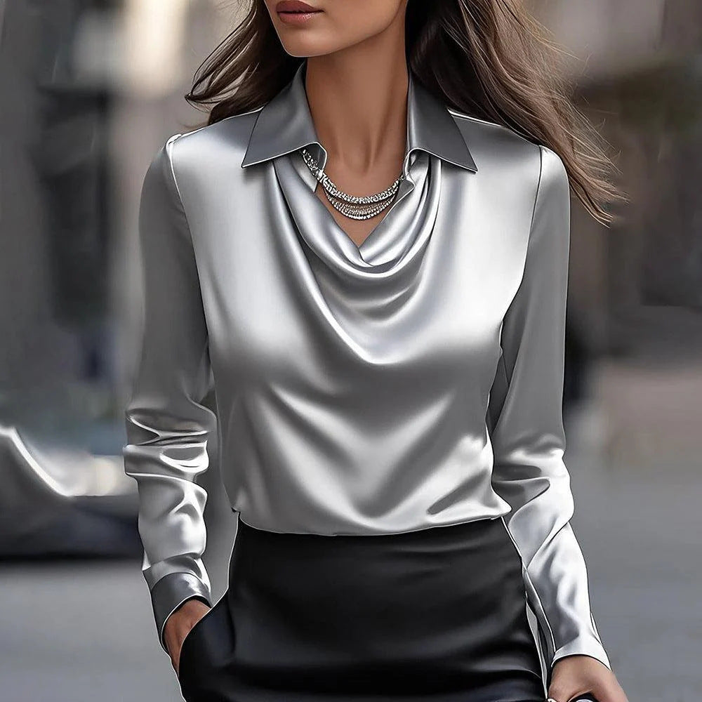 Satin Swing Collar Blouse - Elegant Office Top