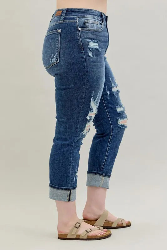 Judy Blue Full Size Mid Rise Cuffed Destroy Bf Jeans Plus Size - Premium Women / Jeans & Denim from Trendsi - Just $62.99! Shop now at Handbags Specialist Headquarter