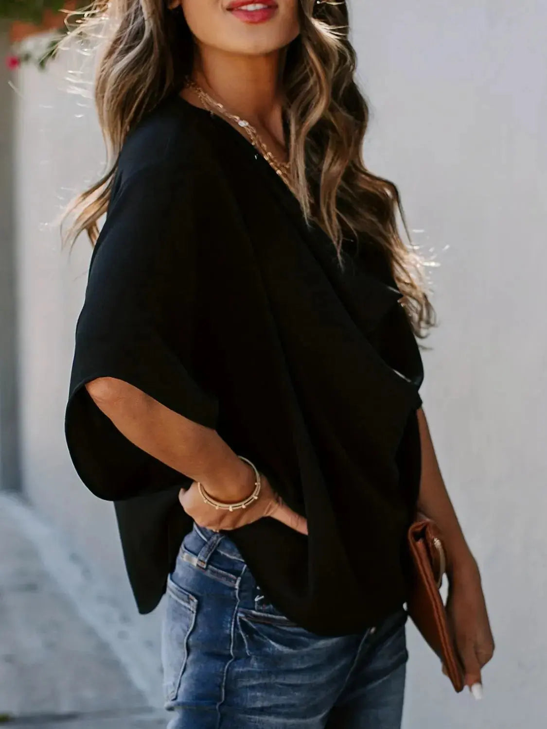 Full Size Ruched Three-Quarter Sleeve Blouse Plus Size.
