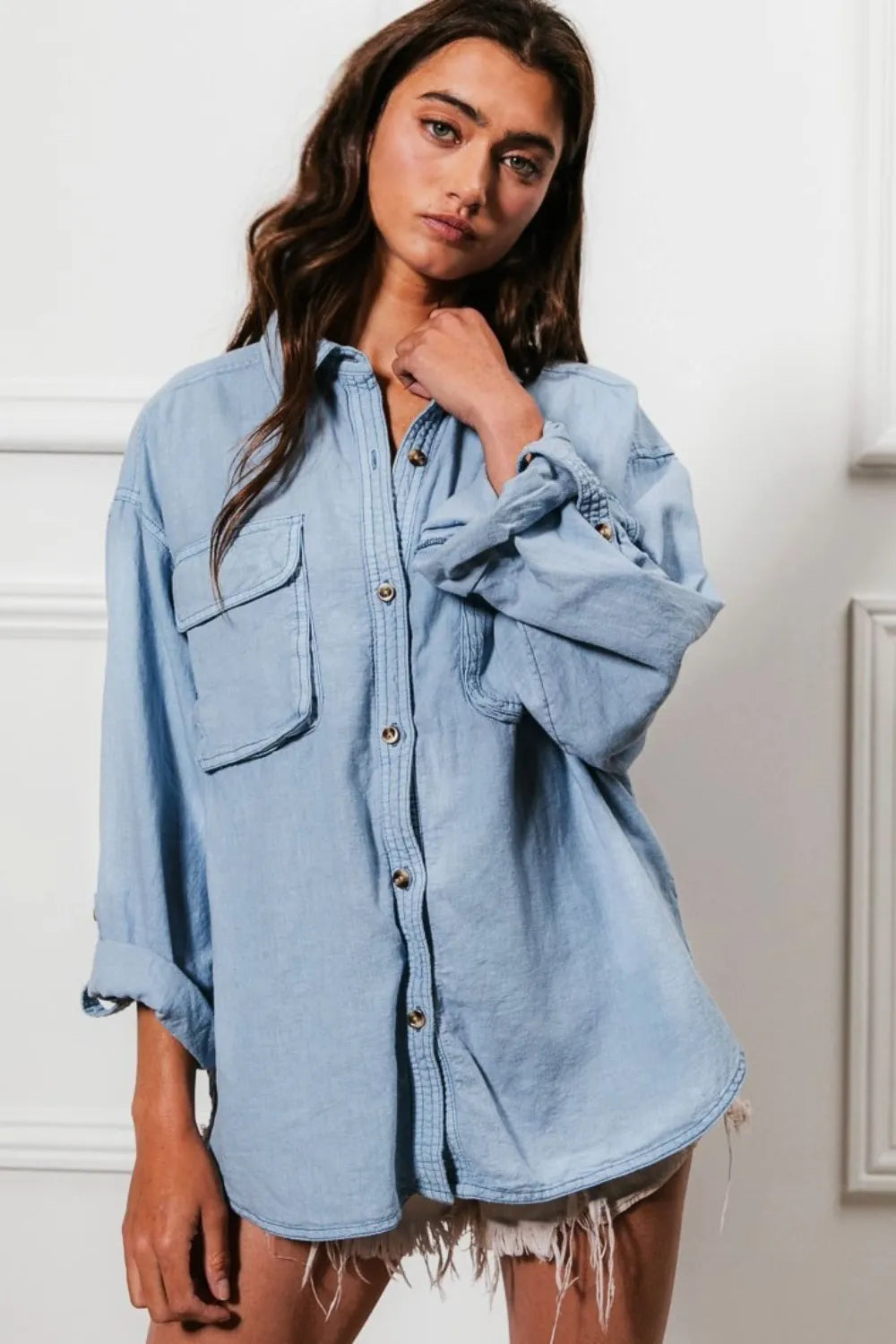 BiBi Button Down Stitch Detail Shirt with Chest Pockets - Premium Women / Jeans & Denim from Trendsi - Just $59.30! Shop now at Handbags Specialist Headquarter